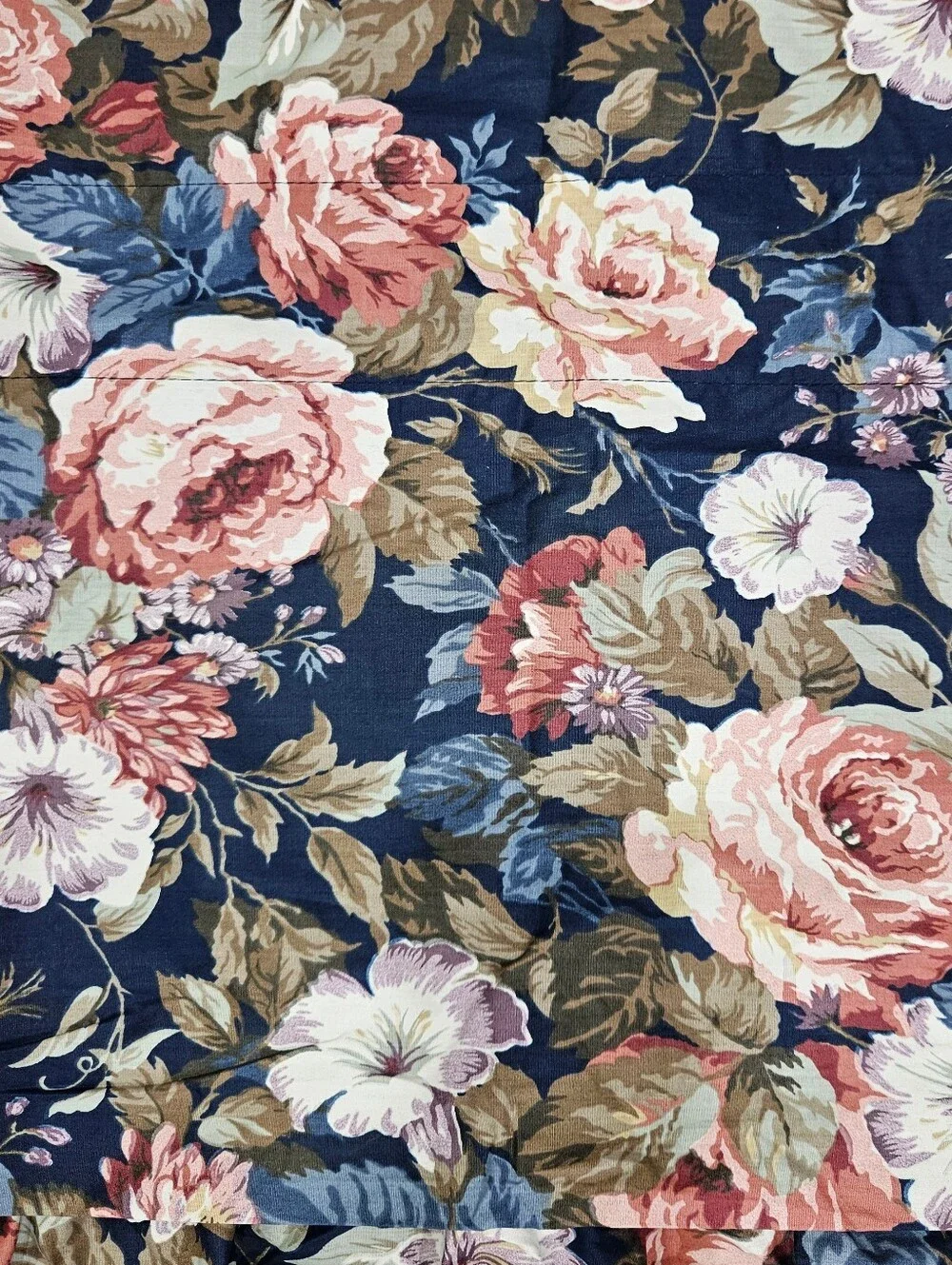 VTG JC Penney Big Pink Floral Roses Window Valances Navy Blue Chintz Pair 70X18